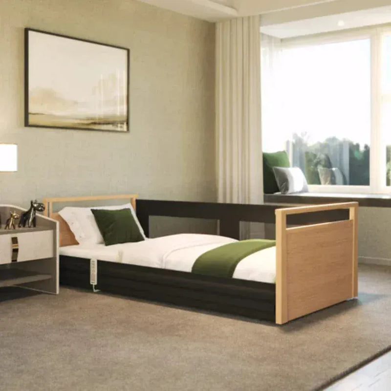 Cama de perfil ultra-bajo en solitario con rieles laterales de malla-cama eléctrica para la demencia ajustable para la configuración del hogar y el cuidado
