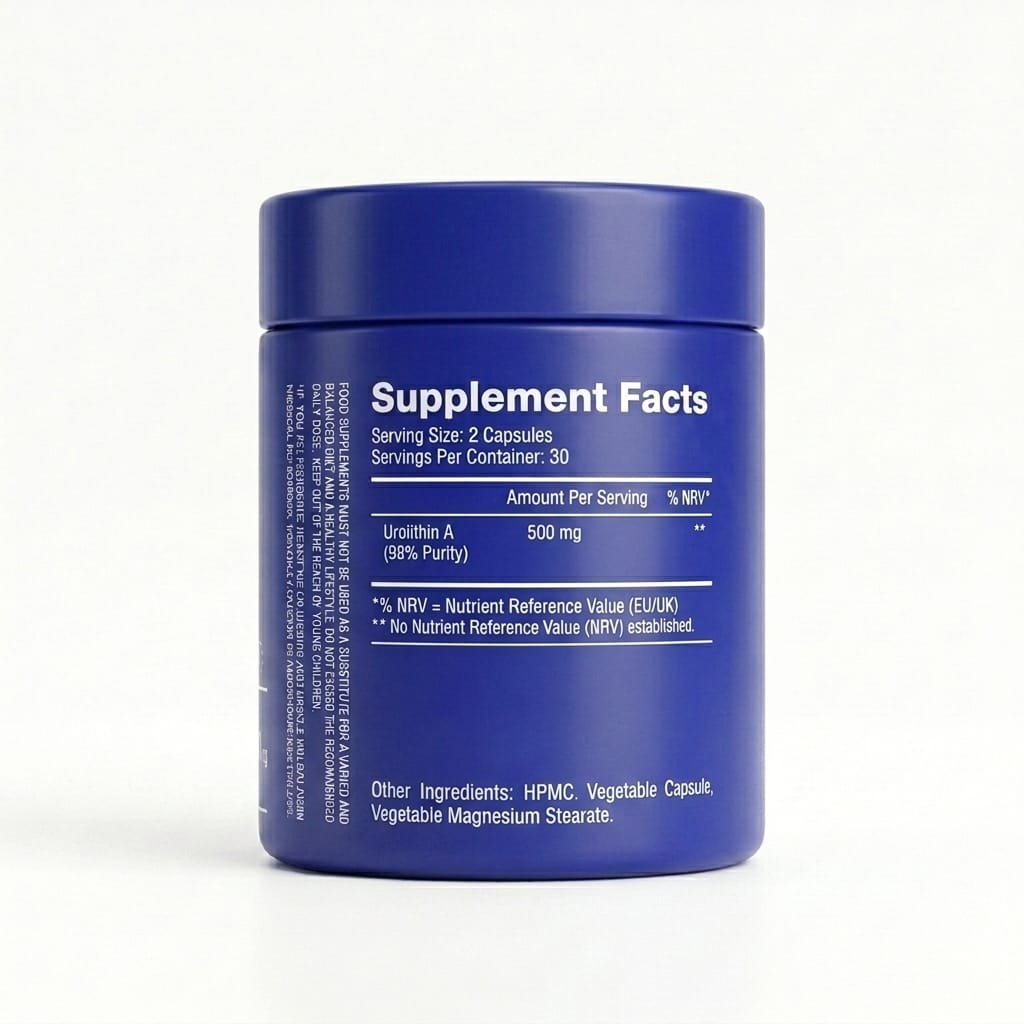 Welzo Ultra Purity Urolithin A 500mg label showing ingredients, dose and directions