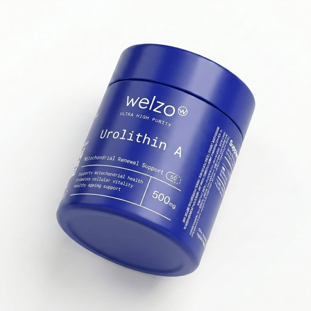 Welzo Ultra Purity Urolithin A 500mg bottle side view showing third-party tested and clean label credentials
