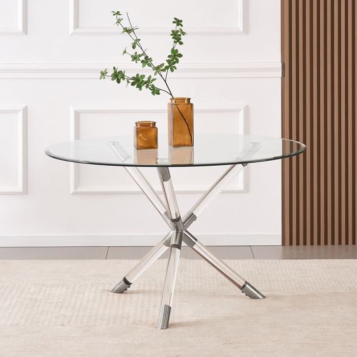 100cm Round Glass Dining Table – Silver & Acrylic Legs, Luxury Vidrio Style