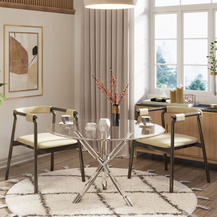 100cm Round Glass Dining Table – Silver & Acrylic Legs, Luxury Vidrio Style