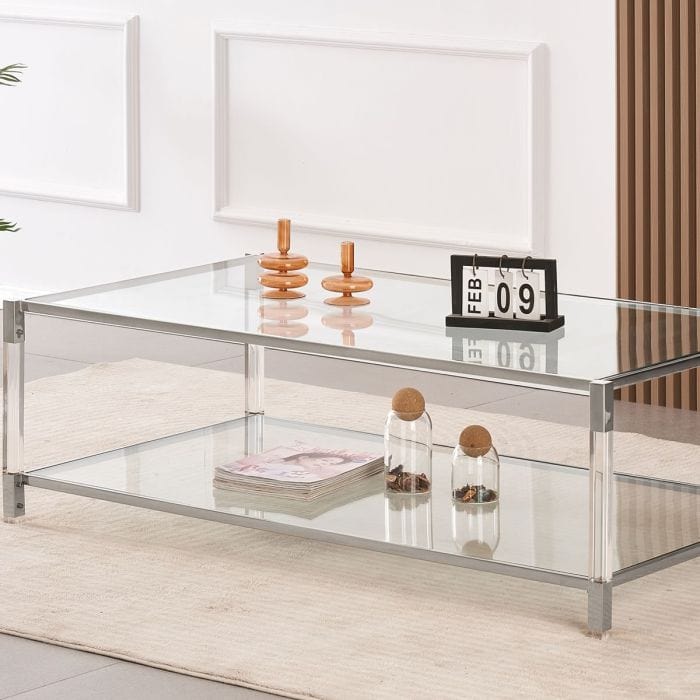 Grande tavolino in vetro - Frame d'oro e gambe acriliche, 130 cm - Collezione Vidrio (Copia)