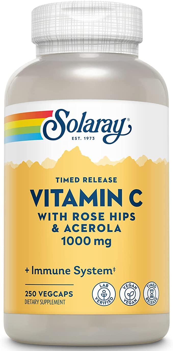 Vitamin C Rose Hips & Acerola 1000mg, TR 250 Veg Caps - Solaray - welzo
