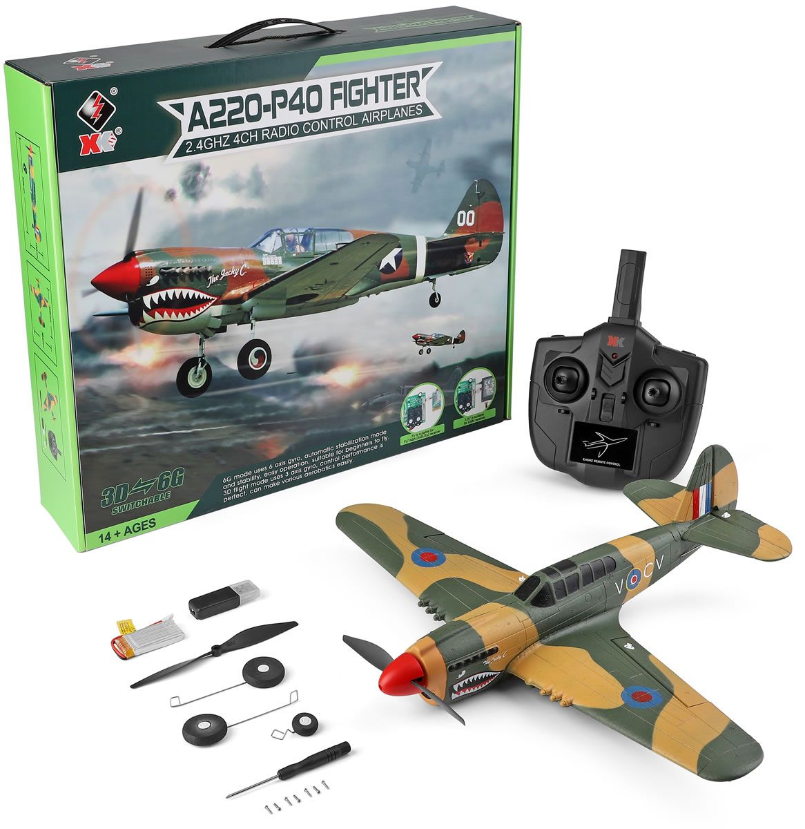 SkyRaptor P40 Warbird RTF αεροπλάνο RC 4 καναλιών με γυροσκόπιο αυτόματου πιλότου